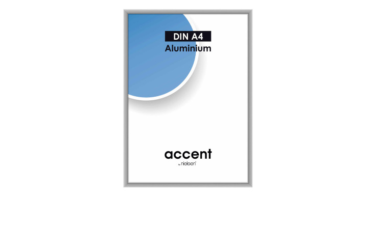 Bilderrahmen Accent 21 x 29,7 cm mit einem silber matten Aluminiumrahmen und transparentem Glas.