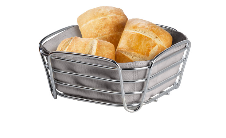 Brotkorb Delara 21 x 21 cm aussen aus Stahl in silber, innen ein Bezug aus Baumwolle in braun / grau.