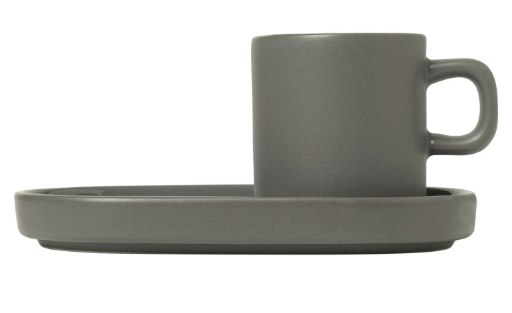 Espressotasse Pilar 50 ml und Untertasse aus Keramik in grau.