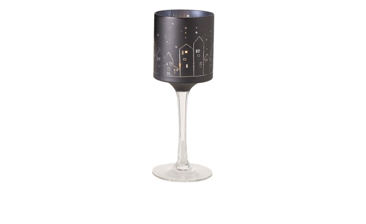 Windlicht aus Glas in schwarz und einem transparentem Stiel.