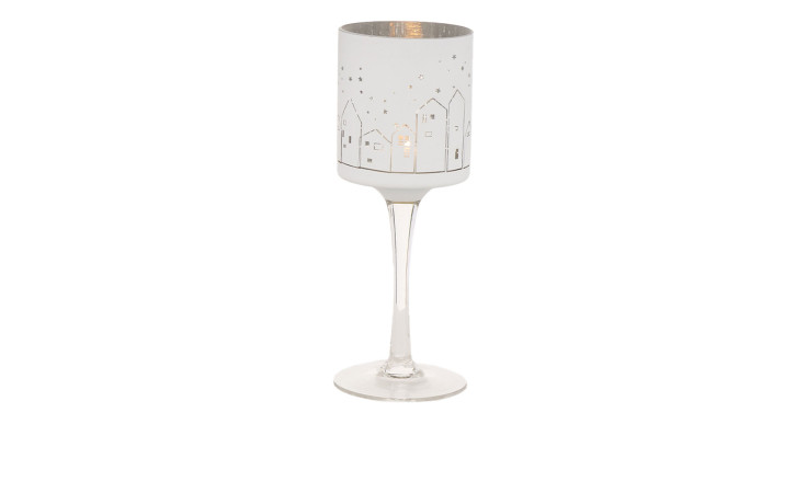 Windlicht 25 cm aus Glas in weiß mit transparentem Stiel.