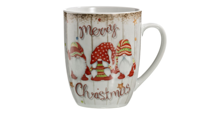 Kaffeebecher 340 ml aus Porzellan mit einem roten Schriftzug " Merry Christmas" und drei Weinachtsmänner in mehreren Farben.
