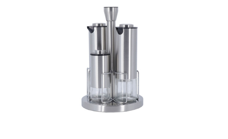 Essig- / Öl-Set 5tlg. silberfarbend und transparent aus Glas, Metall und Kunststoff.