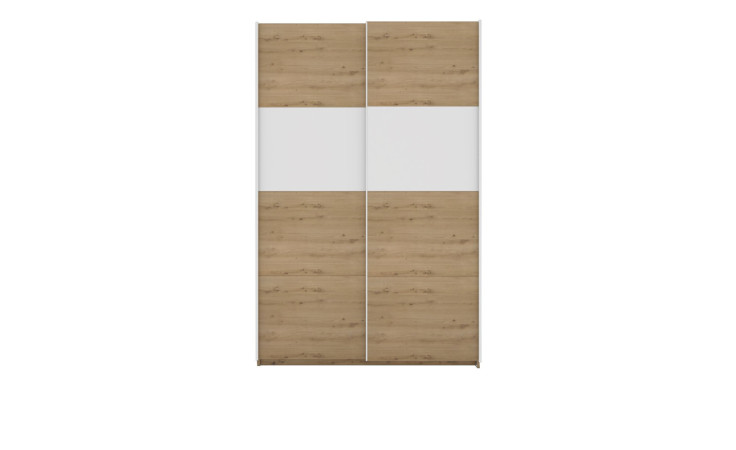 Schwebetürenschrank Queen-Extra aus Holzwerkstoff in Eiche Artisan mit einer Absetzung in Alpinweiß.