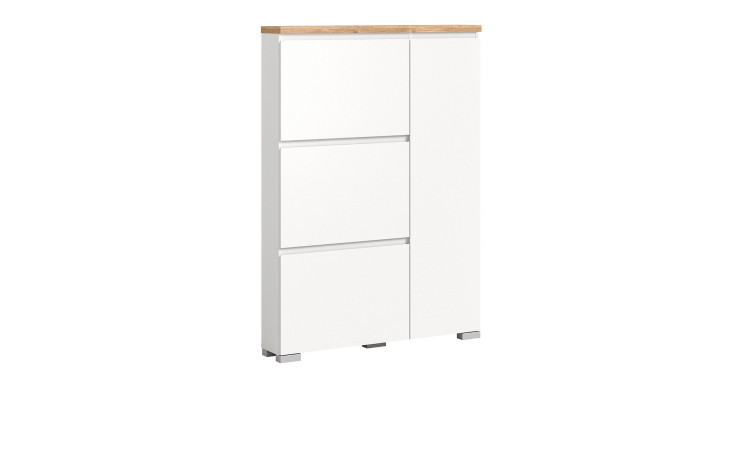 Schuhschrank Shoes mit 3 Klappen und 1 Tür, in der Farbe Weiß und einem Oberboden in Nox Oak Nachbildung
