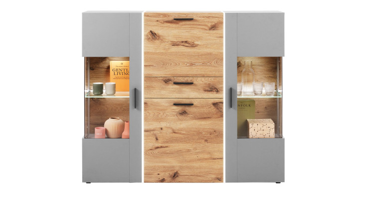 Highboard LIV'IN Baveno in Nox Oak und hellgrau und Glasausschnitten an den Türen.