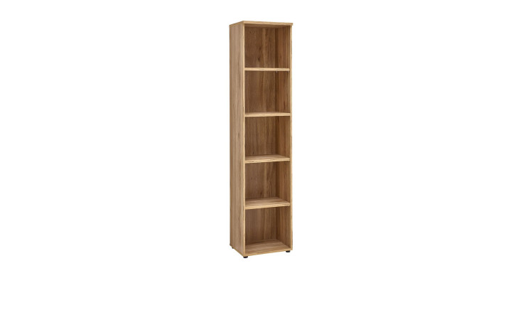 Büroregal vito Clyde mit holzfarbenem Korpus und 5 Fächern schräg von vorne.