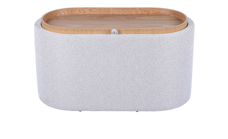 Hocker Lund inklusive Stauraum und Tablett mit Bezug aus creme-weißen Stoff und holzfarbenem Gestell