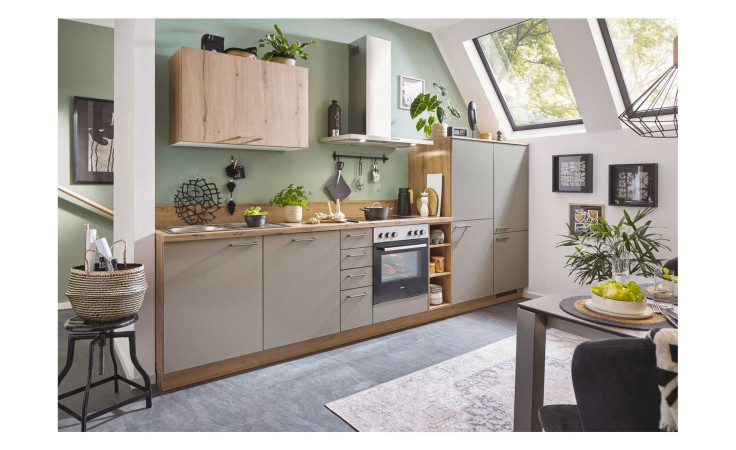 Express Küche, Clean / Plan, Cremgrau / Eiche astig