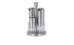 Essig- / Öl-Set 5tlg. silberfarbend und transparent aus Glas, Metall und Kunststoff.