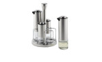 Essig- / Öl-Set 5tlg. silberfarbend und transparent aus Glas, Metall und Kunststoff.