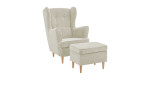 Ohrensessel und Hocker in Pearl creme, Füße in Eiche Natur, seitliche Ansicht