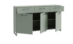 Sideboard Star, in der Farbausfürhung Salbeigrün mit 3 Türen und 3 Schubkästen, Schrägansicht, geöffnet