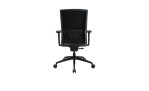 Drehstuhl Office Chair mit Armlehnen, schwarzem Fußkreuz und einem Bezug in der Farbe Petrol, Ansicht von hinten 