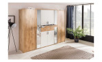 Drehtürenschrank Olaf in der Farbkombi Plankeneiche / weiß mit Spiegel in einem Raum stehend