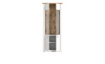 Vitrine Manhattan in weiß mit einer sichtbaren Rückwand und einer Abdeckplatte in Nox Oak. Geöffnete Ansicht.