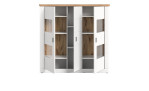 Highboard Manhattan in weiß mit einer Abdeckplatte in Nox Oak. Geöffnete Ansicht.